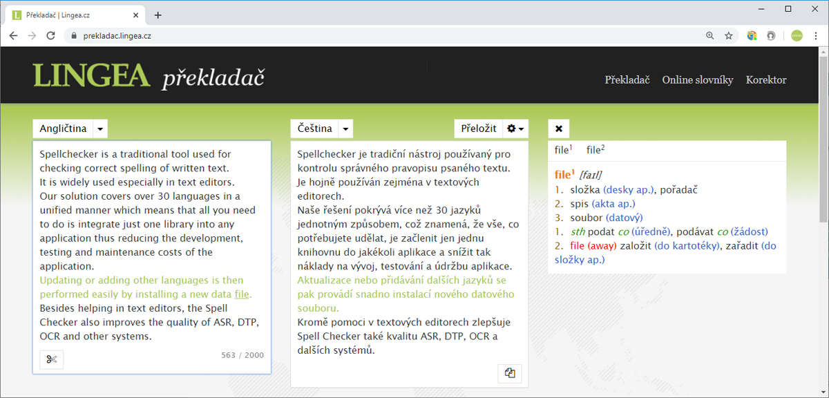 překladač Lingea - ukázka překladu z angličtiny do češtiny
