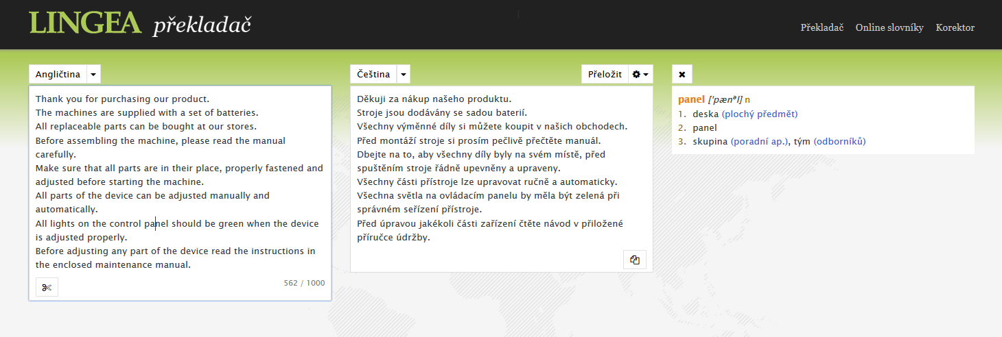 překladač Lingea - ukázka překladu z angličtiny do češtiny