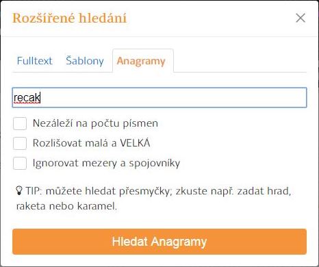 rozšířené hledání anagramy